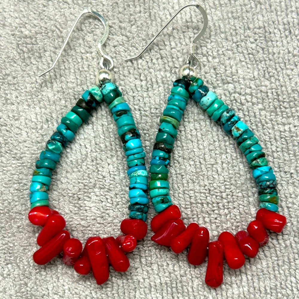 💋Red Coral with Turquoise & Sterling Silver Dangle Earrings